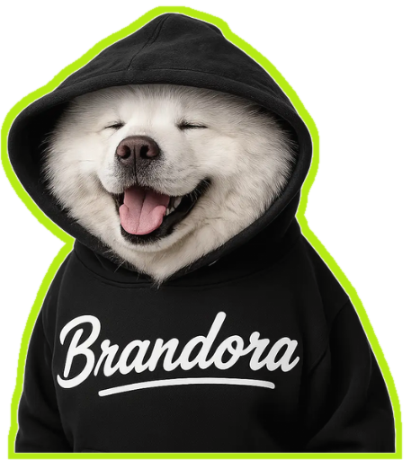 Brandora dog mascot wearing a black Brandora hoodie